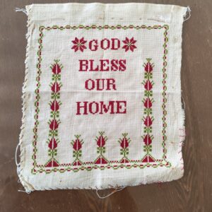 vintage handmade Palestinian tatreez embroidery God Bless Our Home sold by Sweilems in Amman