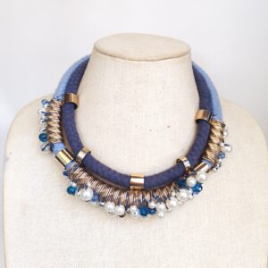 Stradivarius Blue Rope Statement Necklace Faux Pearls Gold Tone Collar sold by Sweilems in Amman