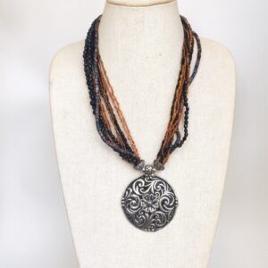 Boho Multi Strand Beaded Statement Necklace Silver Tone Floral Pendant Brown Bla sold by Sweilems in Amman