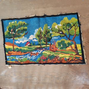 Vintage tapestry needlepoint canvas depicting countryside cottage sold by Sweilems in Amman