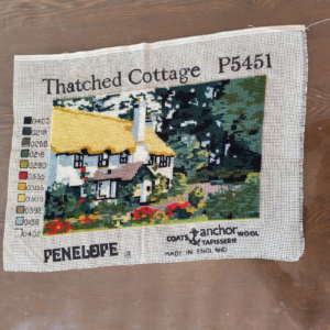 Vintage tapestry needlepoint Penelope tapisserie for a Thatched Cottage land sold by Sweilems in Amman
