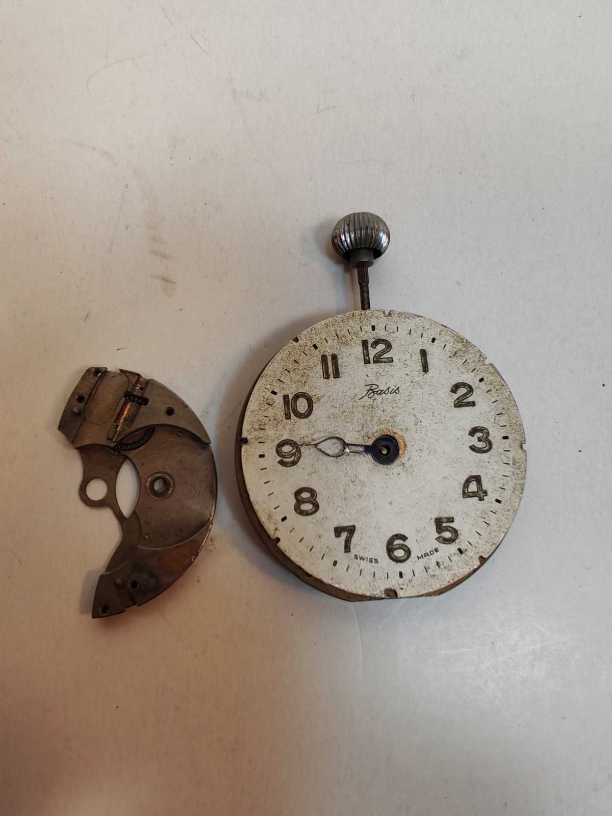 Vintage Basis pocket watch dial and crown parts 43 5mm detail photograph