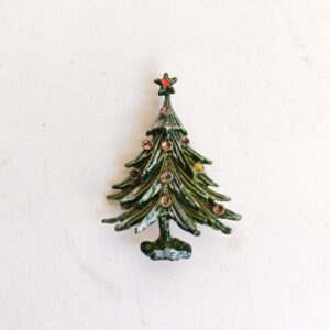 Vintage Large Snow Covered Green Enamel Tree Rhinestone  Brooch
