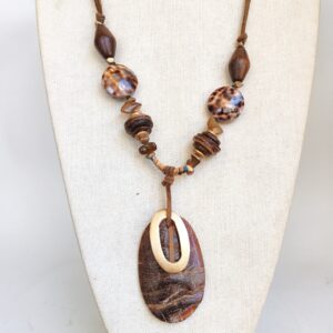 Natural Wood Bead Necklace with Large Pendant and Brown Tones sold by Sweilems in Amman