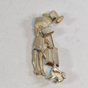 AJC Vintage Goldtone Brooch Pin Woman Shopper Balancing Dog 2.5"