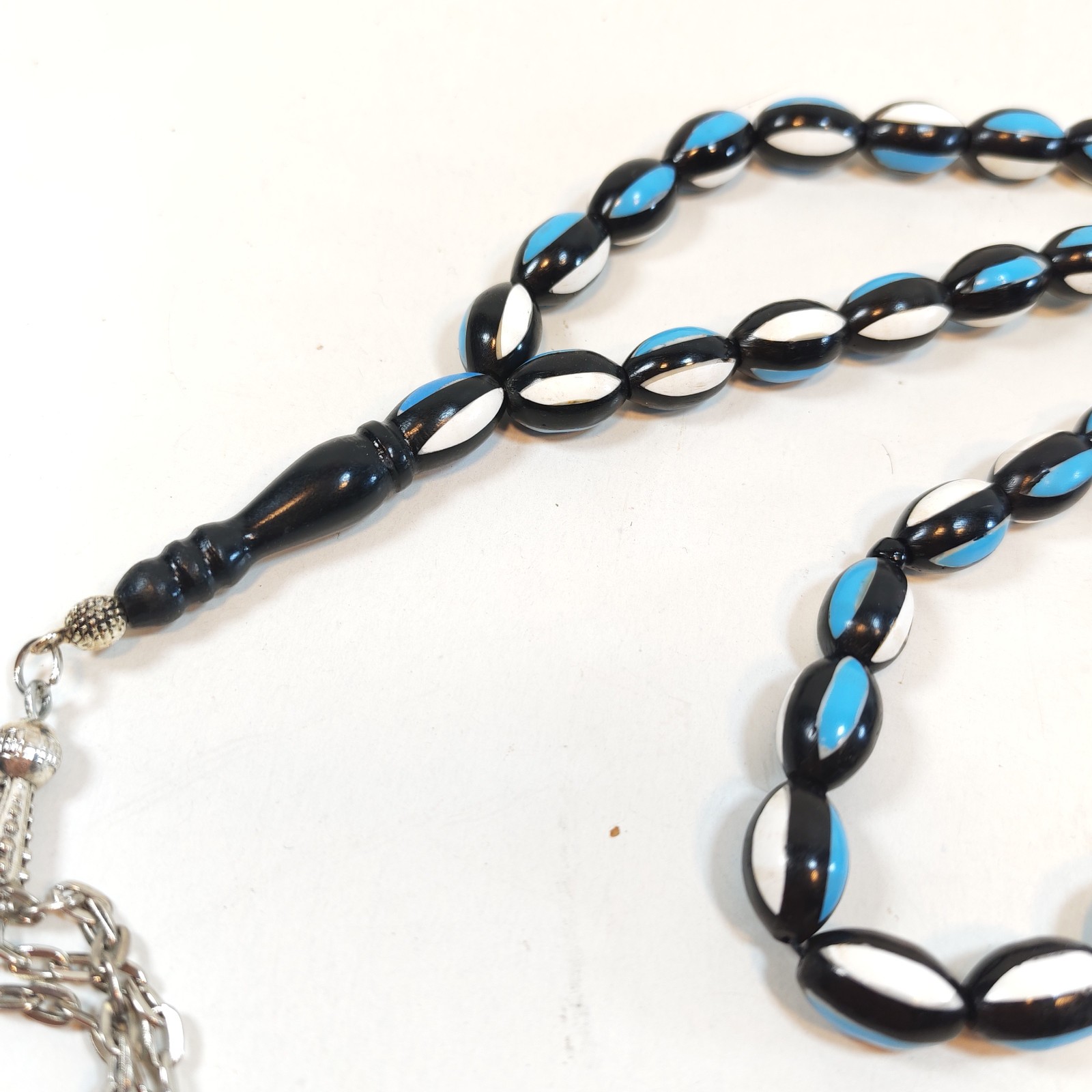 33 Beads Kuka Wood Tasbih Prayer Beads Black Blue White Inlay Misbaha detail photograph