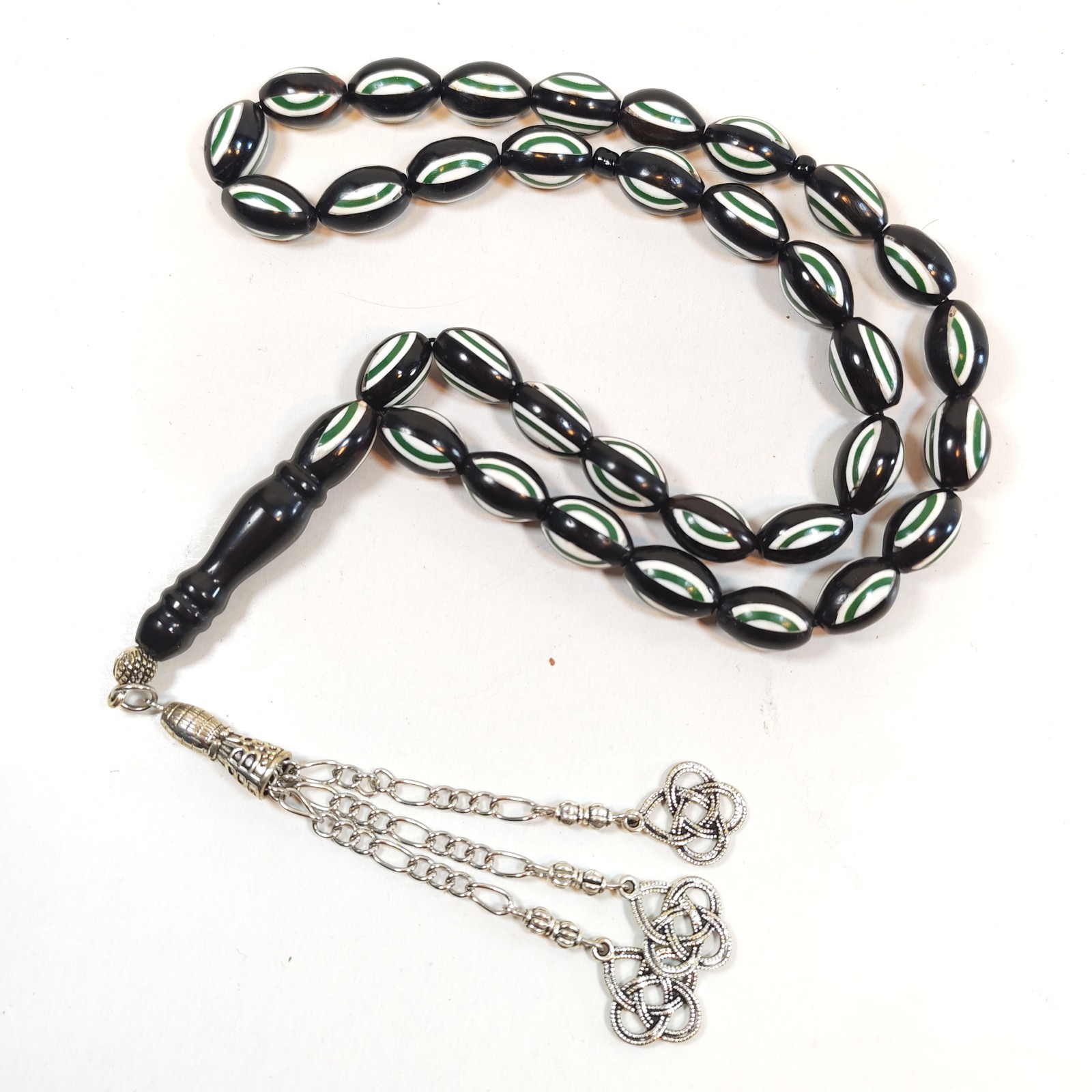 33 Beads Kuka Wood Tasbih Prayer Beads Black Green Inlay Misbah sold by Sweilems in Amman