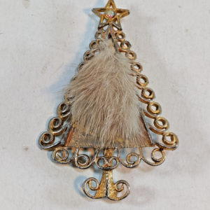 TANCER II Tree Pin Brooch / Gold Tone Metal & Fur 2.4"