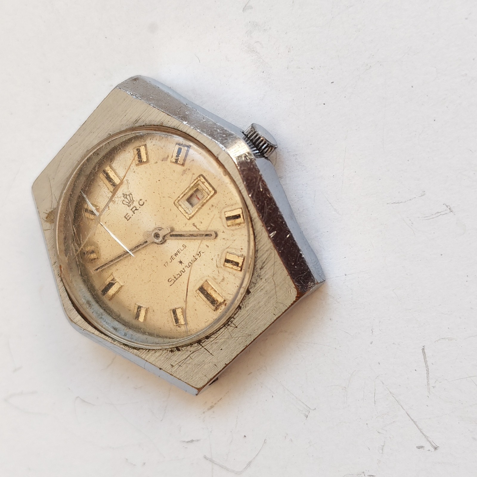 vintage Swiss-made E R C Starmaster wristwatch detail photograph