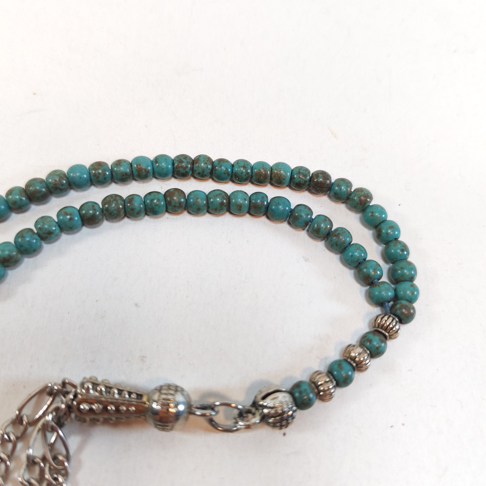 99 Beads Turquoise Stone Tasbih Prayer Beads Misbaha Islamic Subha Silver Tassel detail photograph