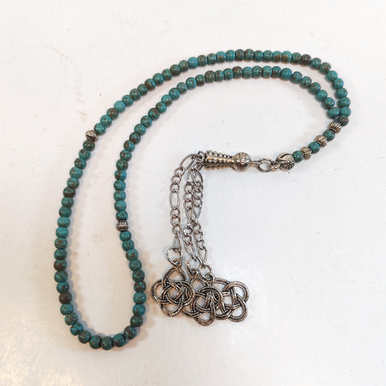 99 Beads Turquoise Stone Tasbih Prayer Beads Misbaha Islamic Subha Silver Tassel sold by Sweilems in Amman