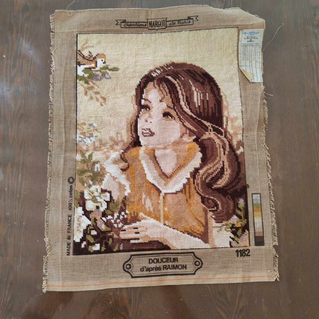 vintage Margot tapestry needlepoint canvas depicting a young girl France sold by Sweilems in Amman