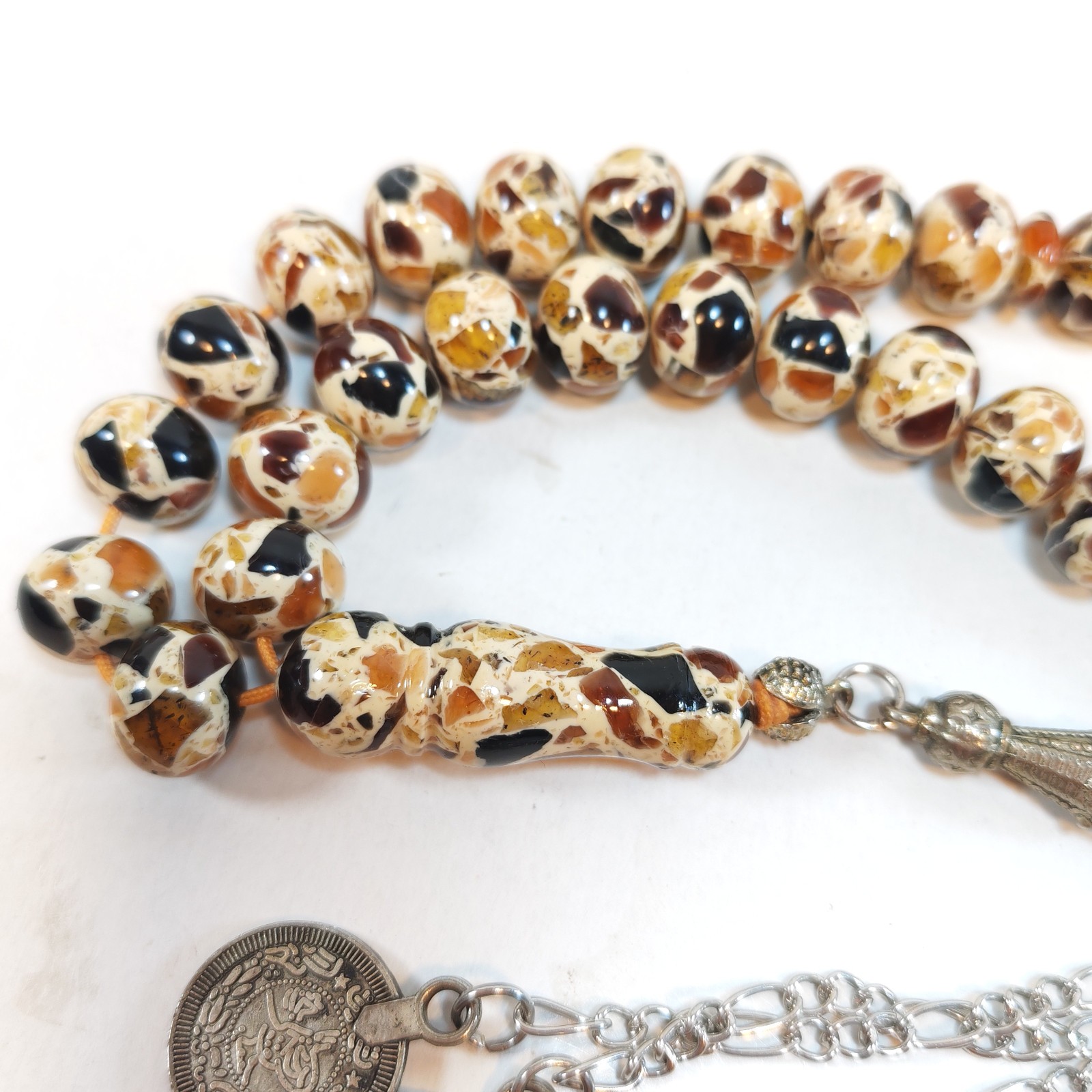 33 Beads Mosaic Resin Tasbih Prayer Beads Brown Cream Amber Misbaha Islamic Subh detail photograph